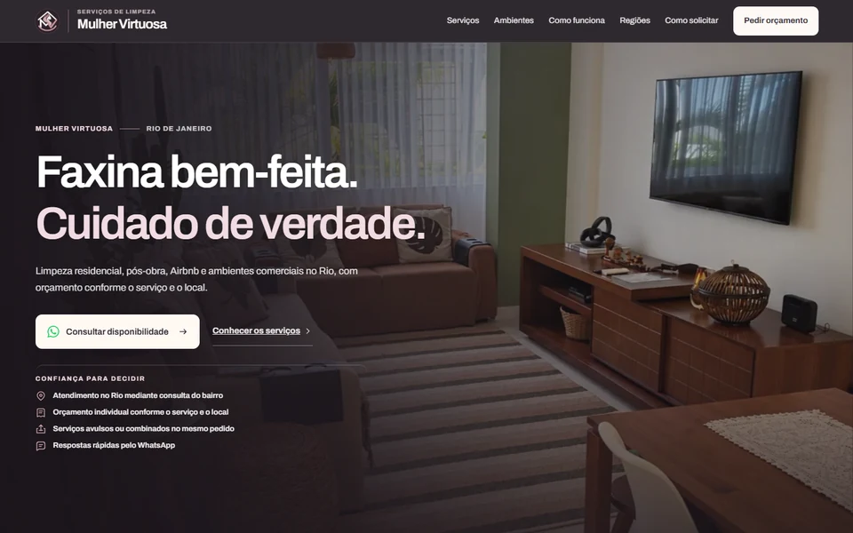 Página inicial do site Mulher Virtuosa: Faxina bem-feita. Cuidado de verdade.