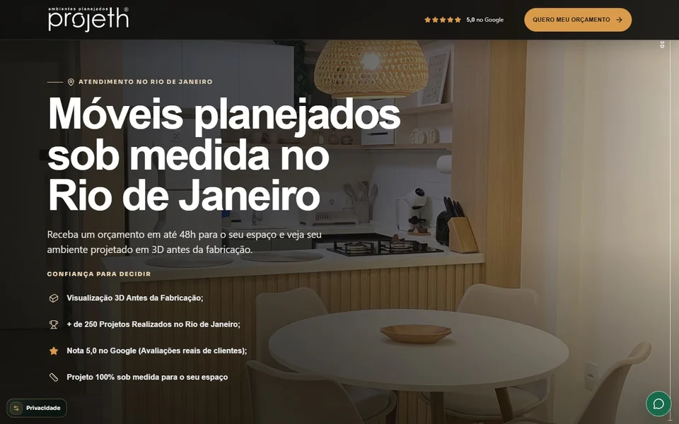 Captura real da página inicial de Projeth Planejados